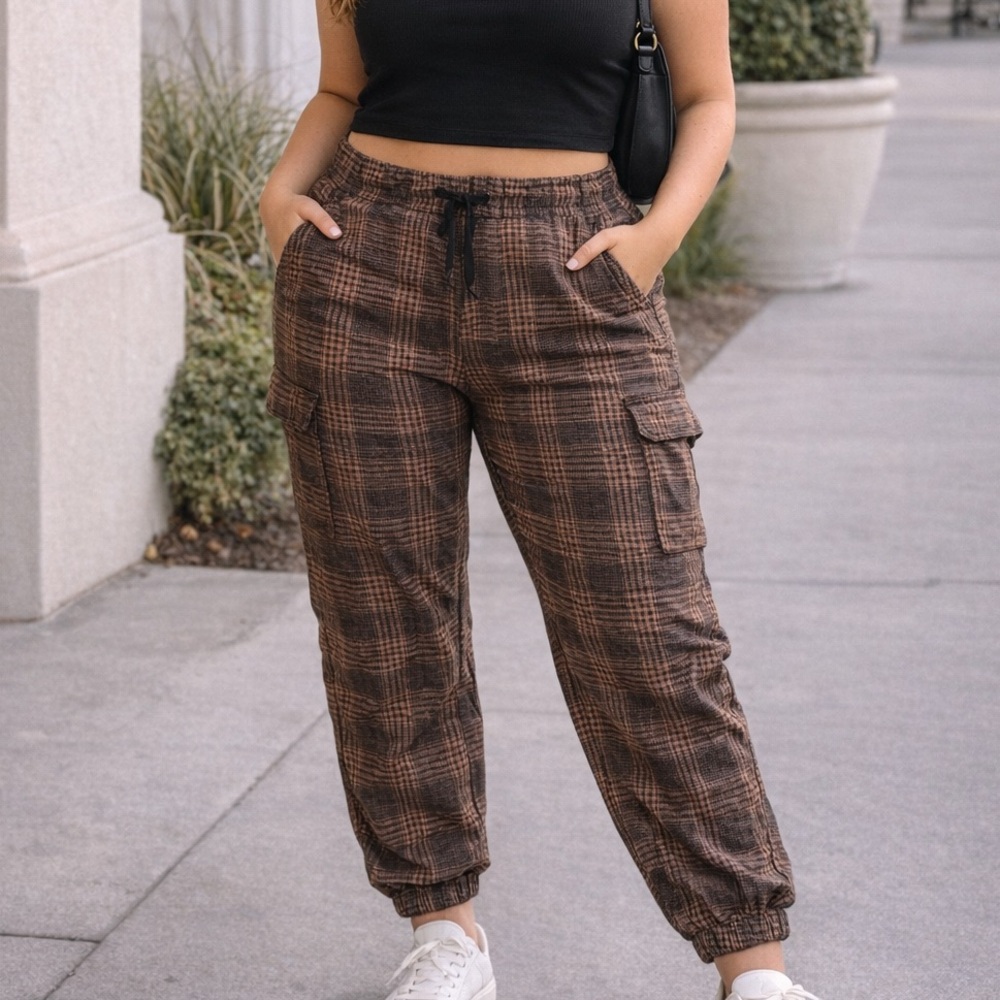 Tinseltown Plaid Cargo Jogger Pants Brown Black Drawstring Waist Xl Juniors